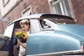 Bride in a car Royalty Free Stock Photo