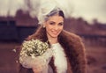 Bride. Closeup portrait smiling happy adult young woman retro style Royalty Free Stock Photo