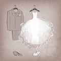 Bride dress and groom's suit on grungy background