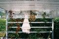 Bride dress and groom suit hang on hangers under a slatted canopy in the garden Royalty Free Stock Photo