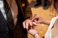 Bride Dresses the Ring for the Groom, close-up in marriage registry office Royalty Free Stock Photo