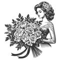 Bride with Elegant Floral Bouquet sketch vector