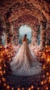 A bride standing near wedding arch decorated with flowers and candles.