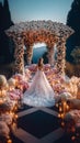 A bride standing near wedding arch decorated with flowers and candles.
