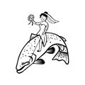 Bride Female Fisherman with Flower Bouquet Riding a Steelhead Trout Cartoon Black and White Royalty Free Stock Photo