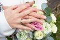 Bride fingers woman in white marriage dress holding in hand wedding bouquet flowers with groom hands marriage rings golden Royalty Free Stock Photo