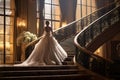 The bride gracefully descending the staircase, adorned in a couture gown with a cascading fata in a hotel