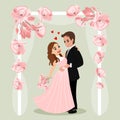 The bride and groom on the background of an arch with flowers, happy newlyweds. Illustration, wedding poster Royalty Free Stock Photo