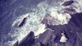 Bride and groom on a big rock near the sea Royalty Free Stock Photo