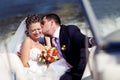 Bride and groom on the boat Royalty Free Stock Photo