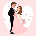 Bride and groom with a bouquet of flowers, happy newlyweds. Family concept. Illustration, wedding poster Royalty Free Stock Photo