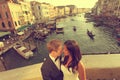 Bride and groom on a bridge in Venice Royalty Free Stock Photo