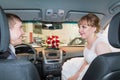 Bride and groom in a car in a wedding Royalty Free Stock Photo