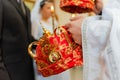 Bride and groom during a Christian wedding ceremony. Traditional headdresses. Slavic wedding.