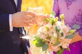 Bride and groom are clinking glasses with champagne in their hands close up on a warm sunny autumn day. Royalty Free Stock Photo