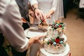 Bride and groom cut rustic wedding cake on wedding banquet with Royalty Free Stock Photo