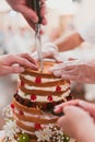 Bride and groom cut wedding cake Royalty Free Stock Photo