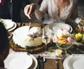 Bride and Groom Cutting Cake on Wedding Reception Royalty Free Stock Photo