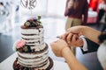 A bride and a groom is cutting their beautiful wedding cake. nicel light. wedding concept Royalty Free Stock Photo