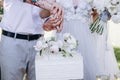 A bride and a groom is cutting their beautiful wedding cake. nicel light. wedding concept Royalty Free Stock Photo