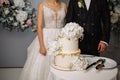 Bride and a groom is cutting their rustic wedding cake on wedding banquet. Hands cut the cake with delicate pink flowers Royalty Free Stock Photo