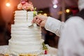 Bride and a groom is cutting their wedding cake. beautiful cake. nicel light. wedding concept Royalty Free Stock Photo