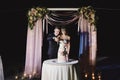 A bride and a groom is cutting their wedding cake. beautiful cake. nicel light. wedding concept Royalty Free Stock Photo