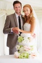 Bride And Groom Cutting Wedding Cake At Reception Royalty Free Stock Photo