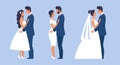 Bride and groom in different outfits set of flat simple illustrations for design, newlyweds, wedding anniversary