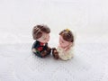 Bride and groom dolls with white lace background. Royalty Free Stock Photo