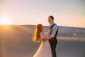 The bride and groom embrace in the warm sunshine at sunset. Beautiful brunette girl with long hair looks at a tall man Royalty Free Stock Photo