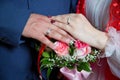 Bride and groom with Engagement gold rings put their hands . The girl and the boy put their hands. The girl and the boy put their Royalty Free Stock Photo