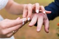 The bride and groom exchange wedding rings at the wedding