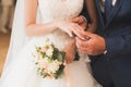 Bride and groom exchanging wedding rings. Stylish couple official ceremony