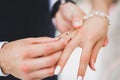 Bride and groom exchanging wedding rings. Stylish couple official ceremony Royalty Free Stock Photo