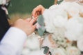 Bride and groom exchanging wedding rings. Stylish couple official ceremony