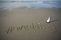 Bride and Groom Figurine at the Beach with wedding written in the Sand