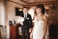 Bride and groom. The first meeting of the bride and groom. First look of wedding couple in the morning. Wedding couple in the