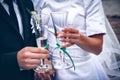 Bride and groom with glasses of champagne