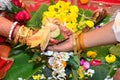 THE BRIDE & THE GROOM HANDS ATTACHED WITH EACH OTHER . Royalty Free Stock Photo