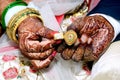 Bride and groom hands holding & showing wedding Jewelry Rings Royalty Free Stock Photo