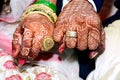 Bride and groom hands holding & showing wedding Jewelry Rings Royalty Free Stock Photo