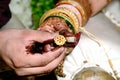 Bride and groom hands holding & showing wedding Jewelry Rings Royalty Free Stock Photo