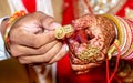 Bride and groom hands holding & showing wedding Jewelry Rings Royalty Free Stock Photo