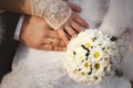 Bride and groom hands with wedding rings Royalty Free Stock Photo