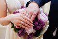 Bride and groom hands with wedding rings Royalty Free Stock Photo