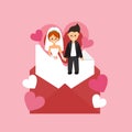 Bride and groom. Happy wedding couple in envelope and heart. Love letter