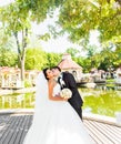 Bride and groom having a romantic moment on their Royalty Free Stock Photo