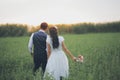 Bride and groom hold hands and meet the sunset. Wedding Royalty Free Stock Photo