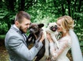 Bride and groom hold white and black pugs standing in the green forest